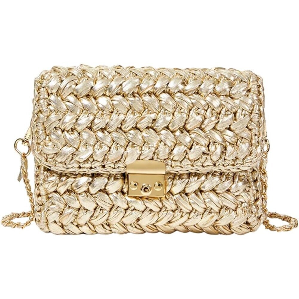 Women's Summer Metallic Straw Woven Crossbody Bag Small Party Handbag
